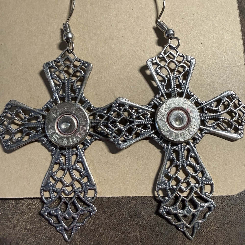 Western Bullet Jewelry Silver Cross Earrings 45 Auto Bullets Handmade New USA - Picture 3 of 4